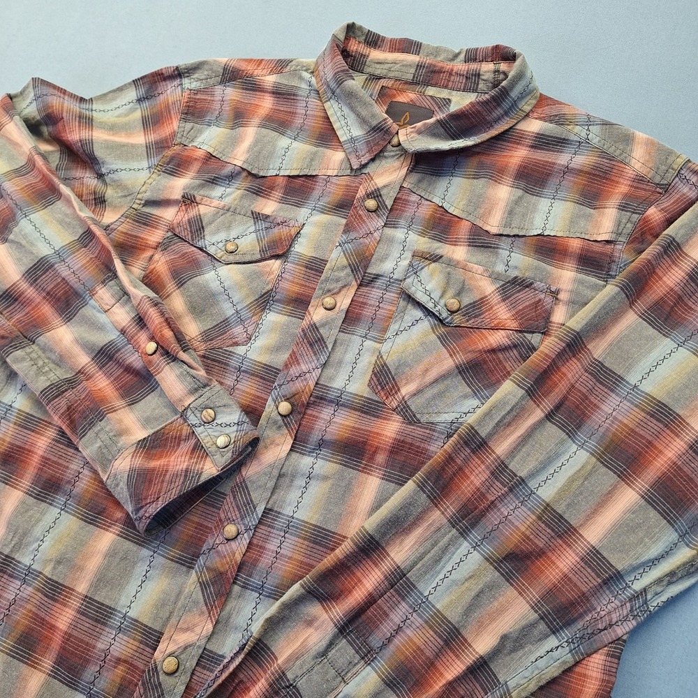 Prana Mens Large Plaid Western Pearl Snap Shirt Long Sleeve Organic Cotton 1647